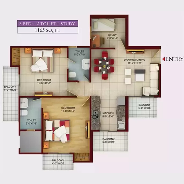 2 BHK+Study 1245 SQ.Ft