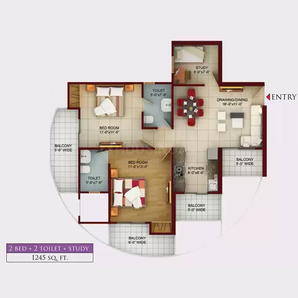 2 BHK+Study 1165 SQ.Ft