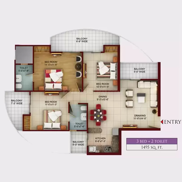 3 BHK Flats 1495 SQ.Ft